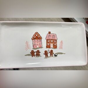 PINK Gingerbread Rectangular Serving Platter Plate NEW Peppermint and Pine NEW